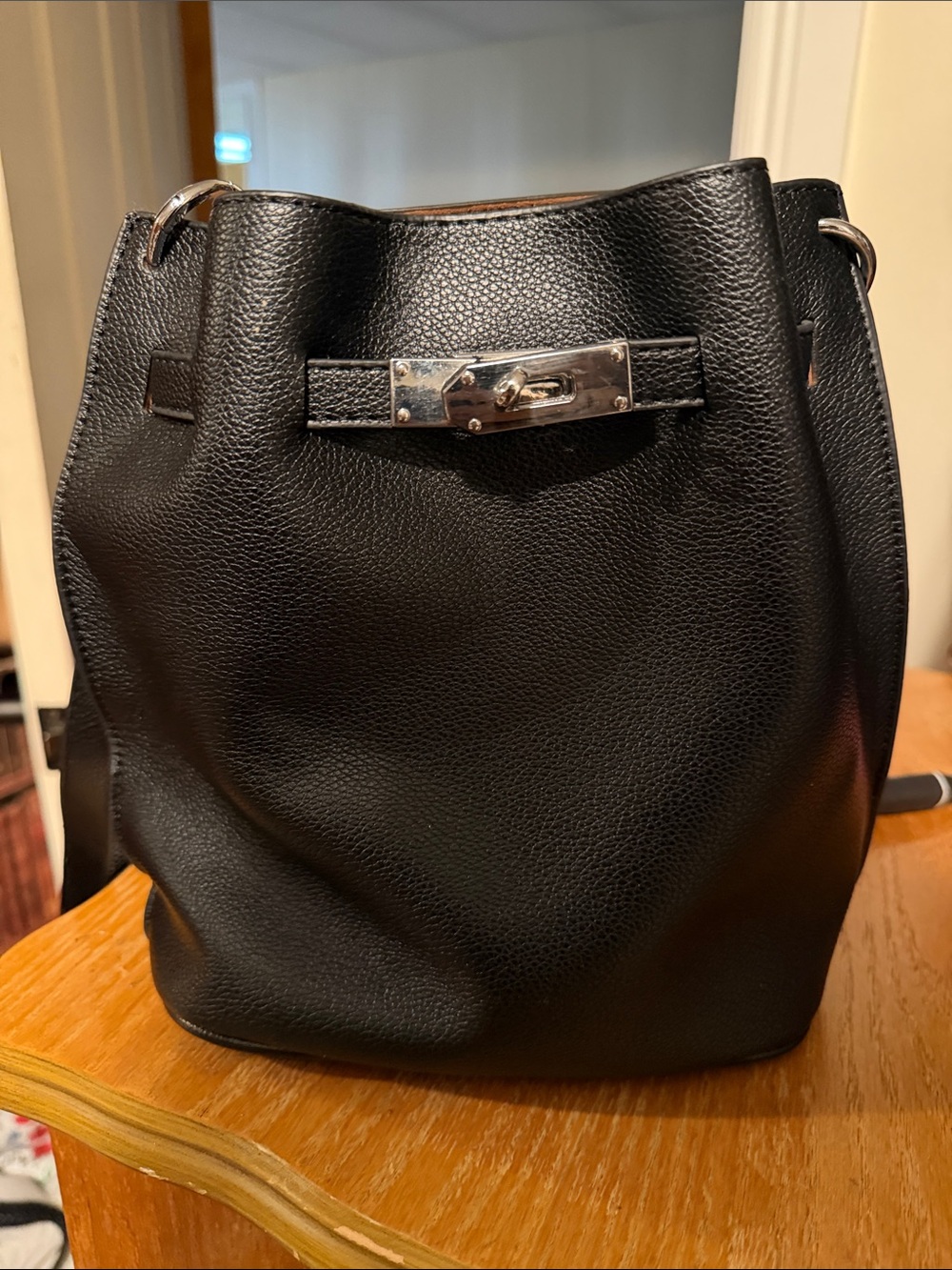 Black Leather Bucket Bag with Silver Hardware
